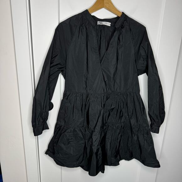 Zara Taffeta Black V-neck Long Sleeve Mini Dress Size Medium - Picture 2 of 6